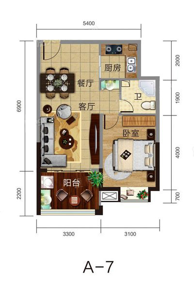 民生鳳凰城一期 B#D# A-7戶型 1室2廳1衛(wèi)1廚 66.44㎡