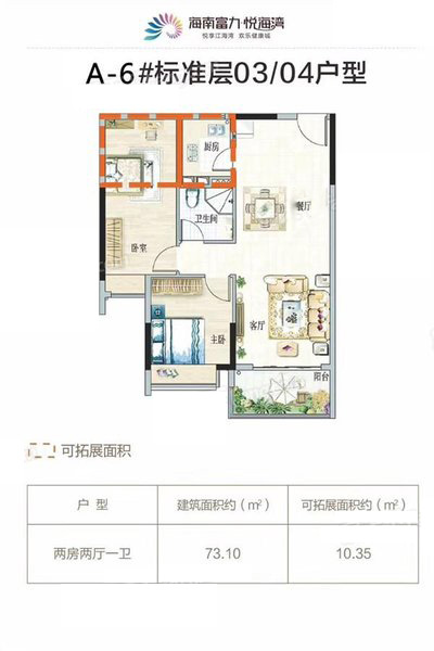 富力悅海灣A-6#03-04戶型2室2廳1衛(wèi)1廚73.10㎡