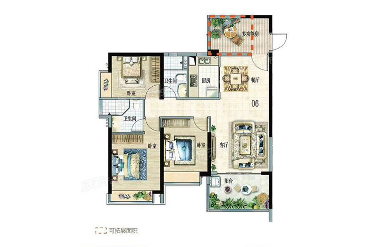 富力悅海灣C1-2組團01、06戶型3室2廳2衛(wèi)1廚109.07㎡130.88萬元-套