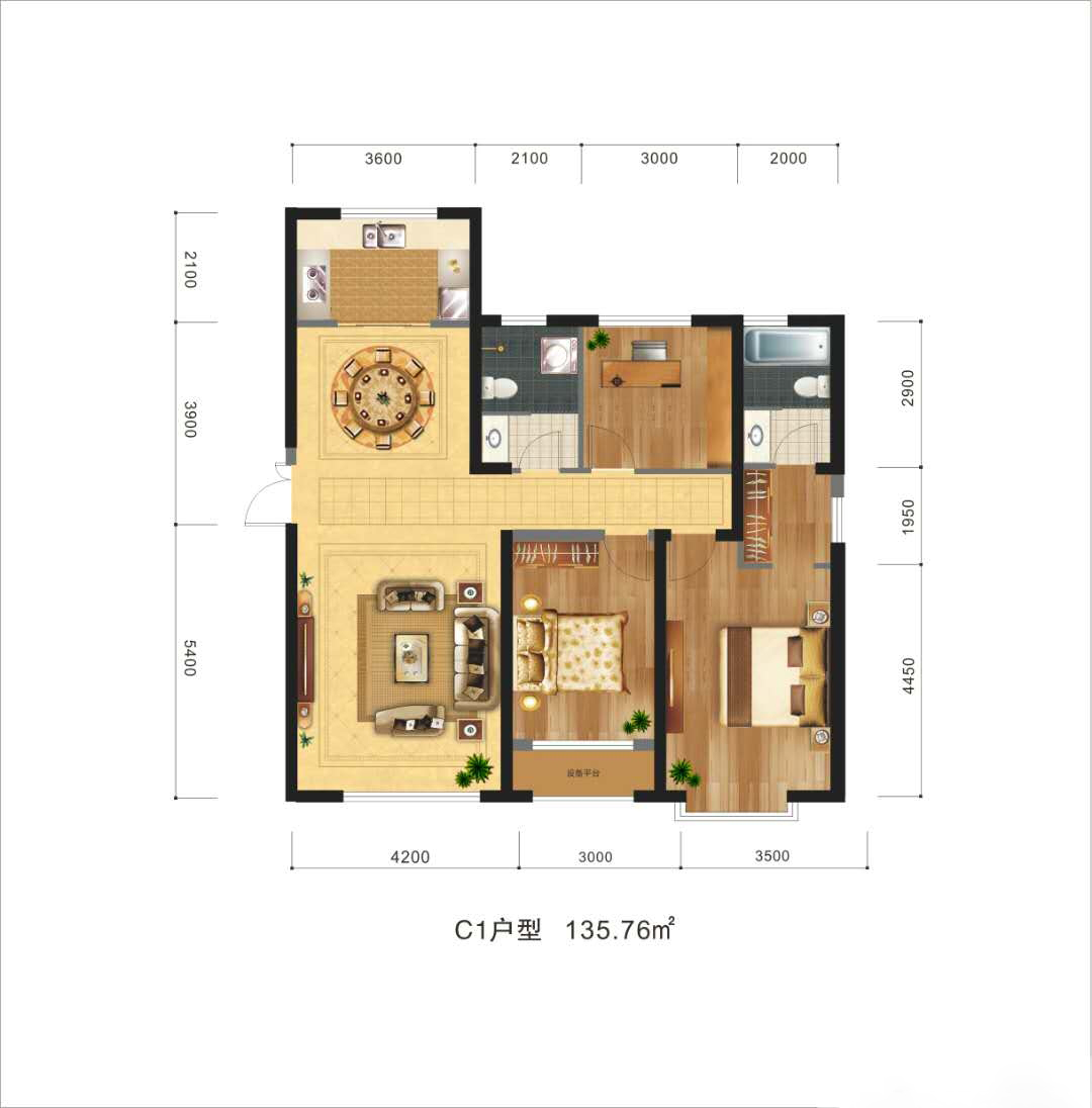 浙商大廈·金色錢江C1戶型：三室兩廳兩衛(wèi)