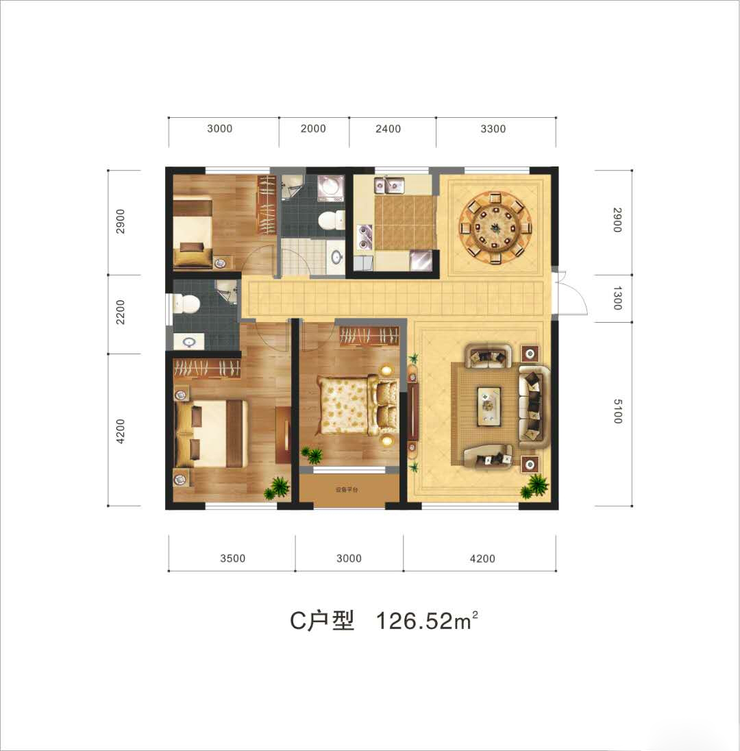 浙商大廈·金色錢江 C戶型：三室兩廳兩衛(wèi)