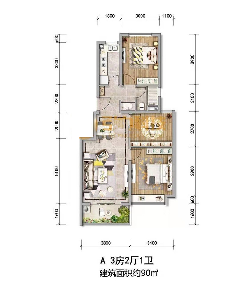 A戶型 3房2廳1衛(wèi)1廚 90㎡