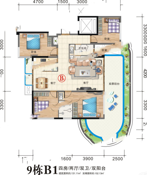 清鳳黃金海岸9棟B1戶型 4室2廳2衛(wèi)1廚 131.11㎡