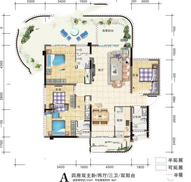 清鳳黃金海岸A戶型 4室2廳3衛(wèi)1廚 102.00㎡