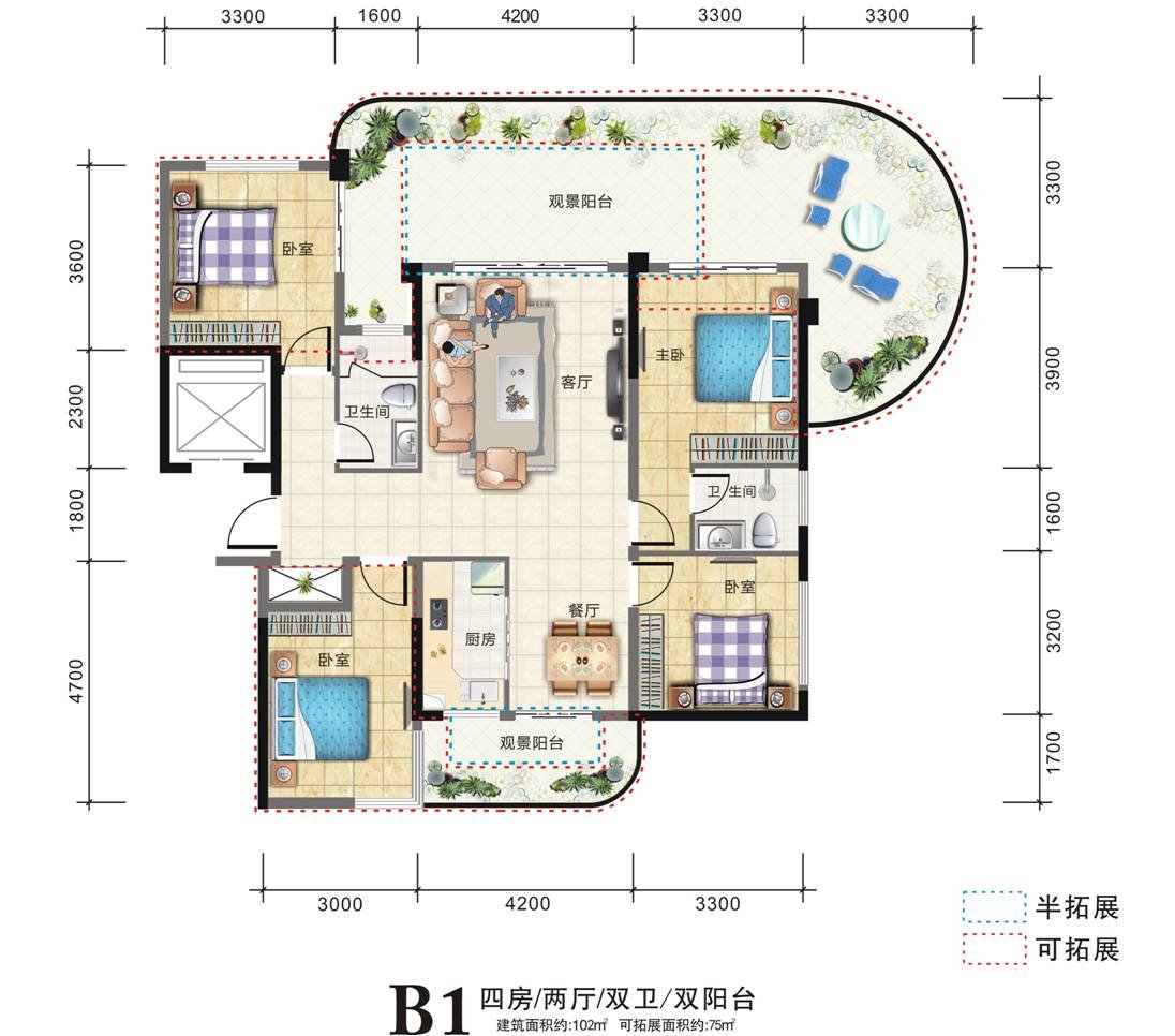 清鳳黃金海岸B1戶型 4室2廳2衛(wèi)1廚 102.00㎡