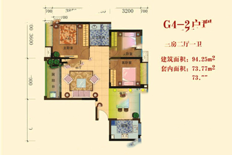 四季康城二期二期（A區(qū)）G4-2戶型 3室2廳1衛(wèi)1廚 94.25㎡