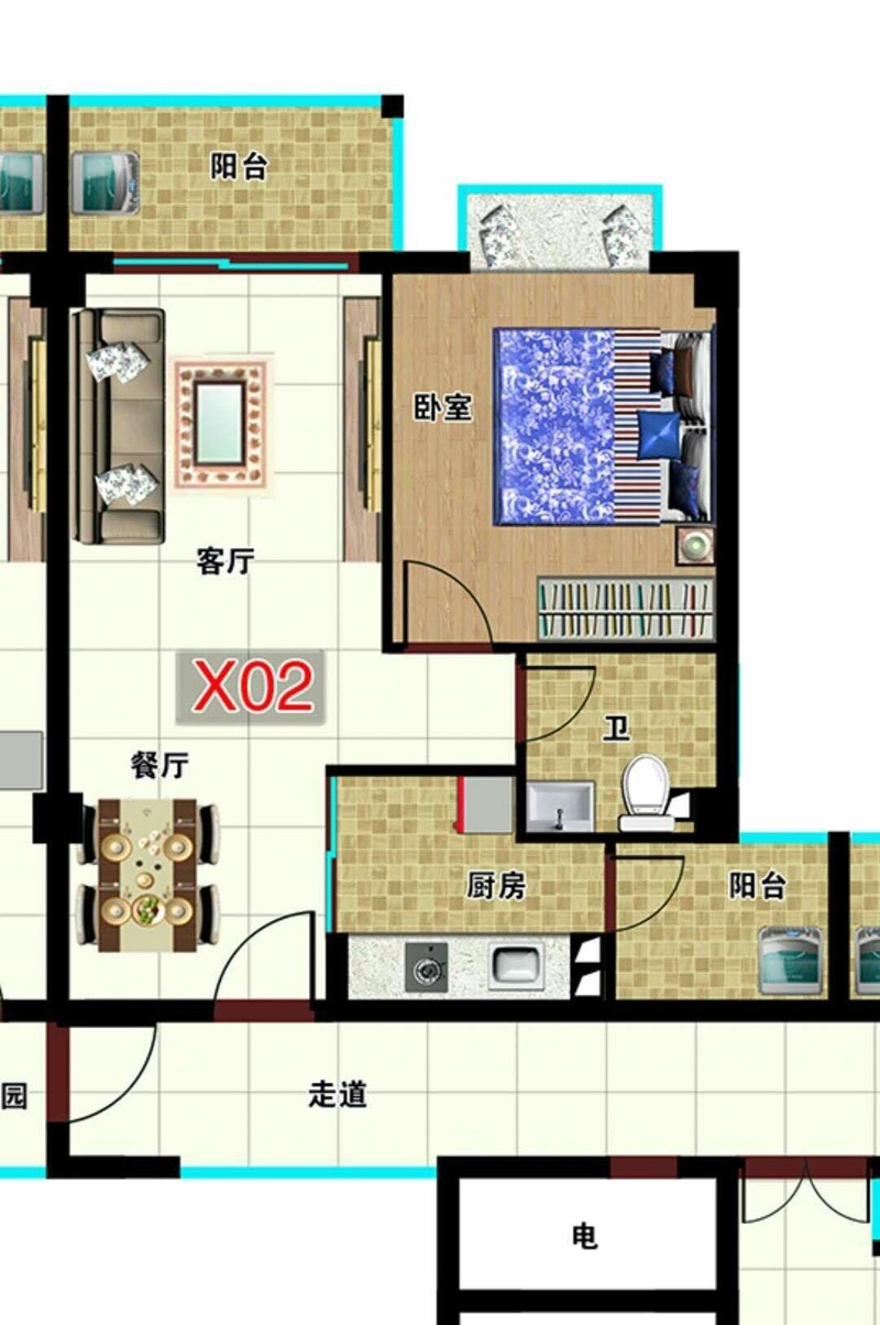 樂東·江北樂園三期X02戶型圖 1室2廳1廚1衛(wèi)2陽臺