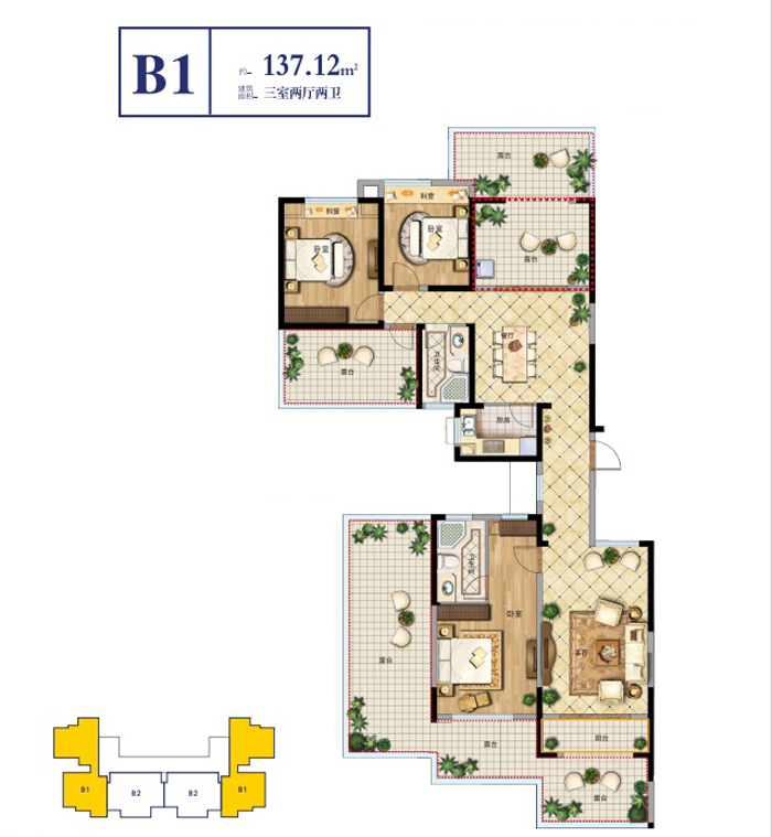 佳豐·京藝灣佳豐·京藝灣B1戶型圖 3室2廳2衛(wèi)1廚建面 137.12㎡ 約230萬-套