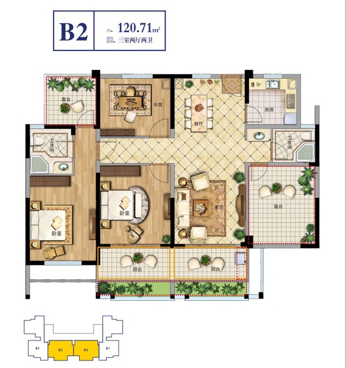 佳豐·京藝灣佳豐·京藝灣B2戶型圖 3室2廳2衛(wèi)1廚 建面 120.71㎡ 約201萬-套