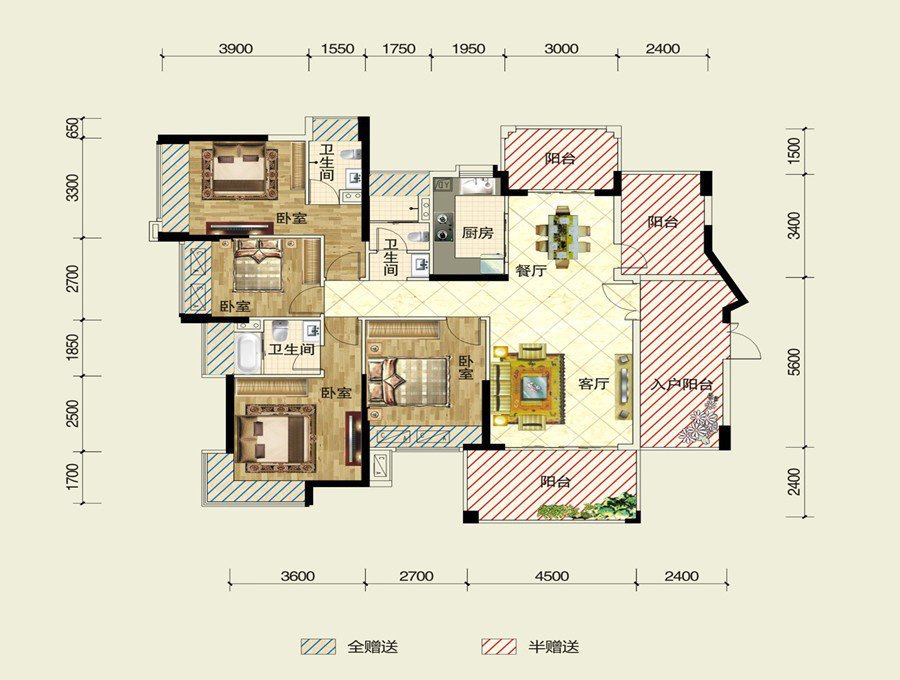 易生水岸花山4棟J戶型 4室2廳3衛(wèi)1廚 159㎡ 190.8萬(wàn)元-套