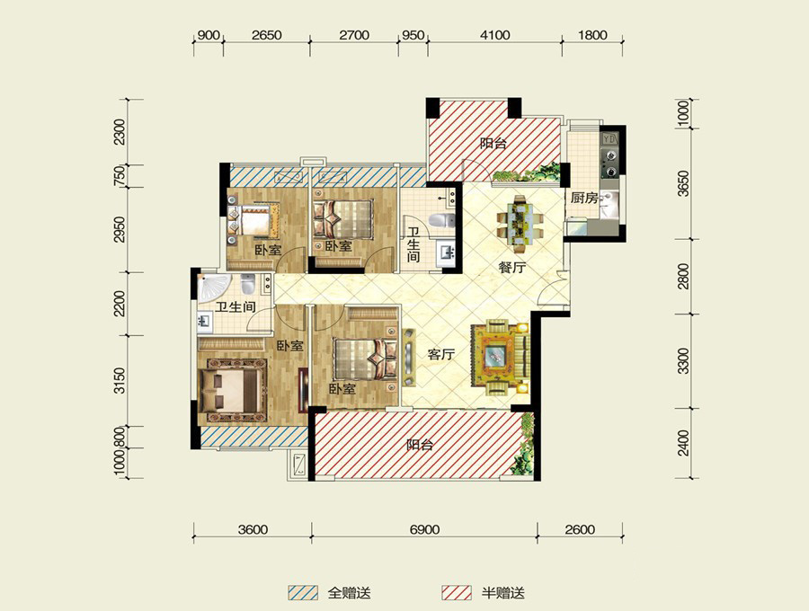 易生水岸花山6-7棟G戶型 4室2廳2衛(wèi)1廚 137㎡ 164.4萬(wàn)元-套