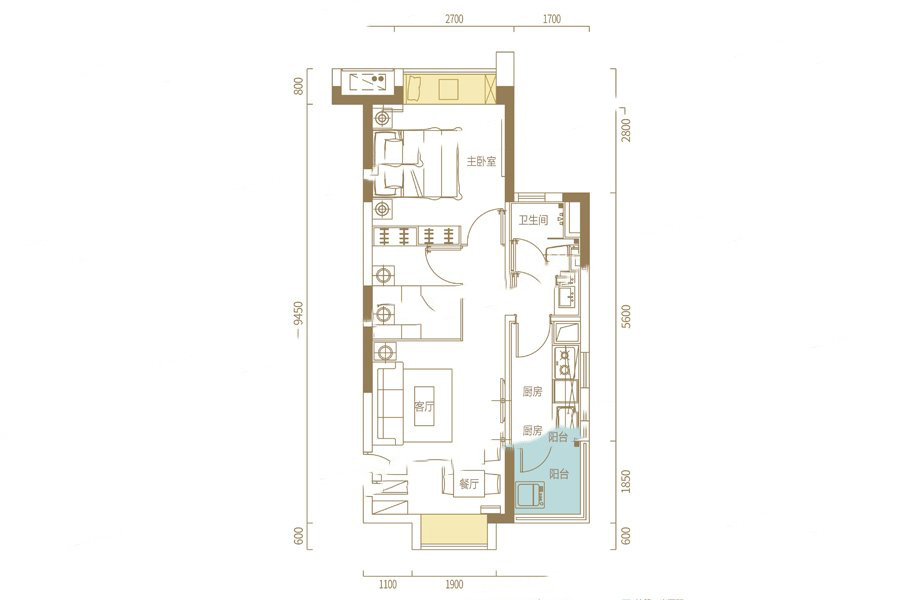 1-2棟A戶型50-53平米 2室2廳1衛(wèi)1廚 74.36萬元-套