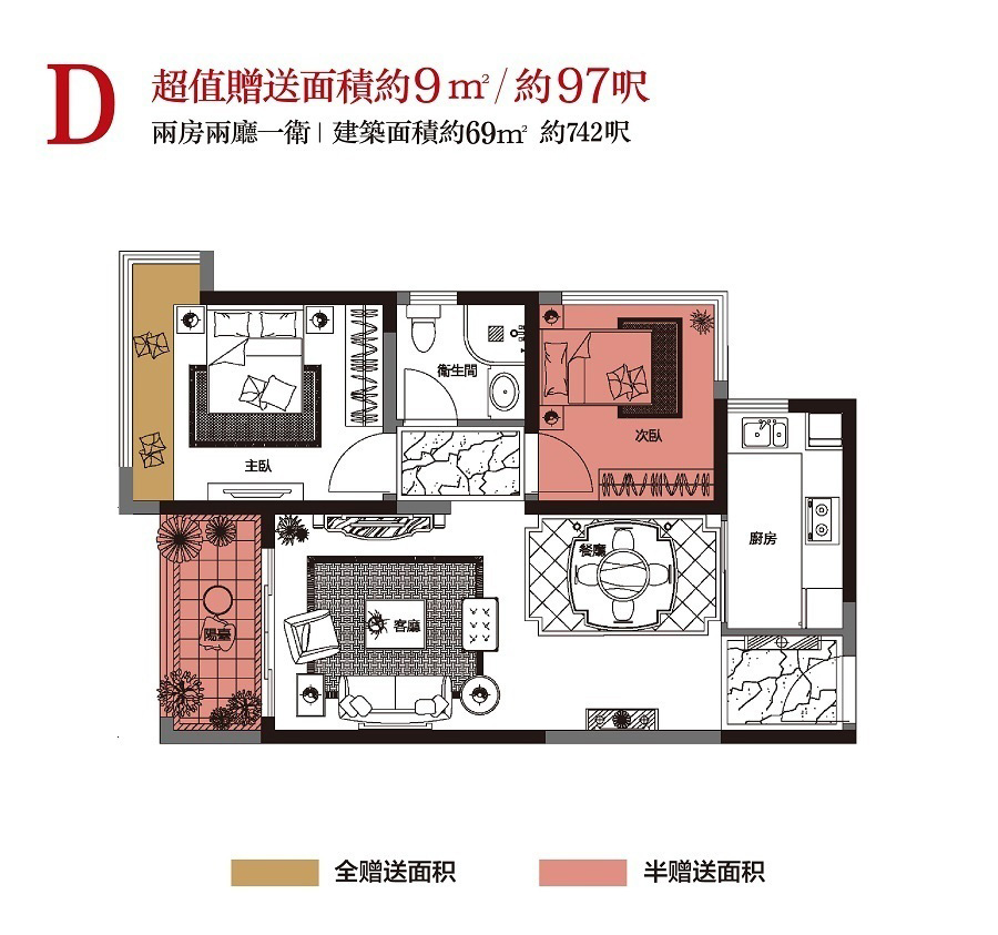 K2·荔枝灣D戶型 2室2廳1衛(wèi)1廚 69㎡ 345萬元-套