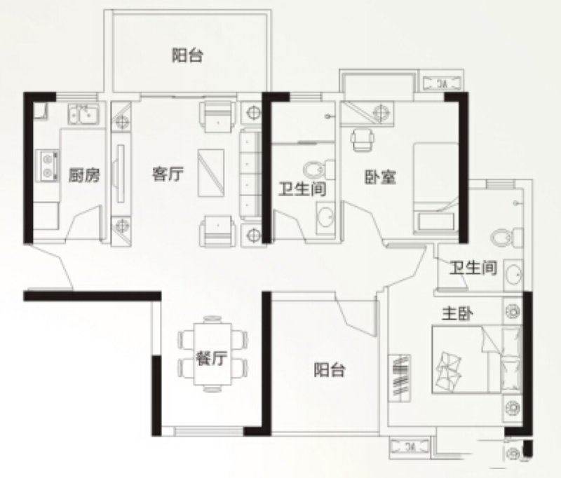 旭日海岸H戶型 3室2廳2衛(wèi)1廚 90.91㎡