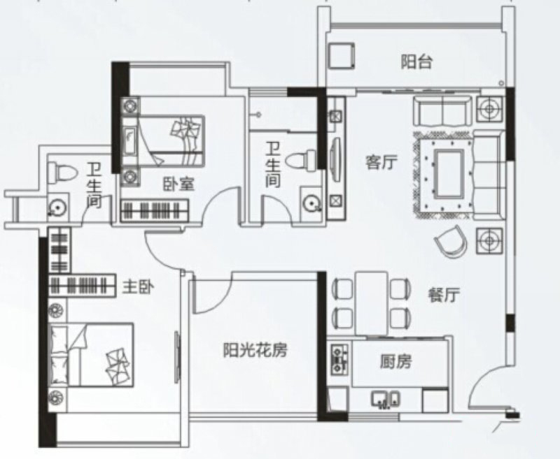 J戶型 3室2廳2衛(wèi)1廚 97.89㎡