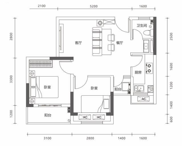 2室1廳1衛(wèi) 58.33