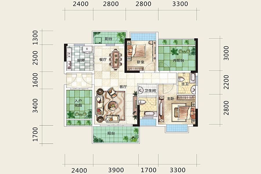 龐源御藍(lán)灣1-4棟A4戶型 2室2廳2衛(wèi)1廚 101.41㎡