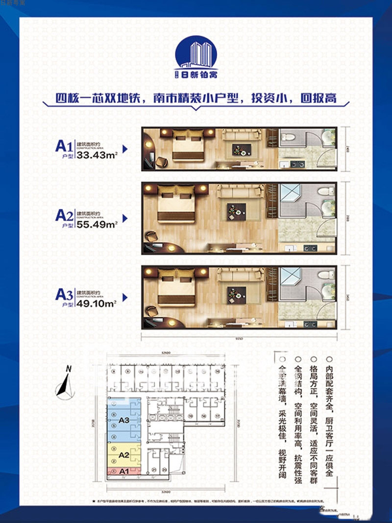 日新粵寓日新粵寓A1、2、3戶(hù)型1室1廳1衛(wèi)1廚 建面33.43㎡