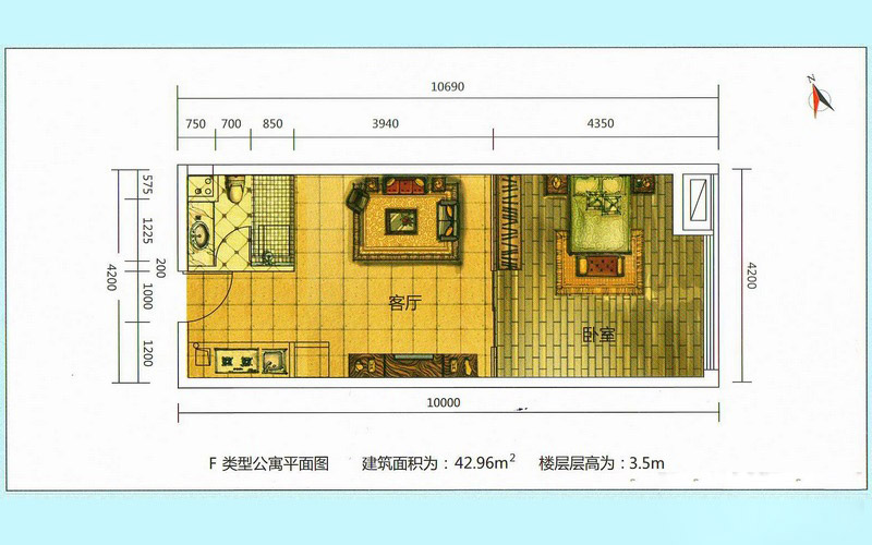 湛江商貿(mào)物流城F類公寓 1室1廳1衛(wèi)1廚 42.96㎡