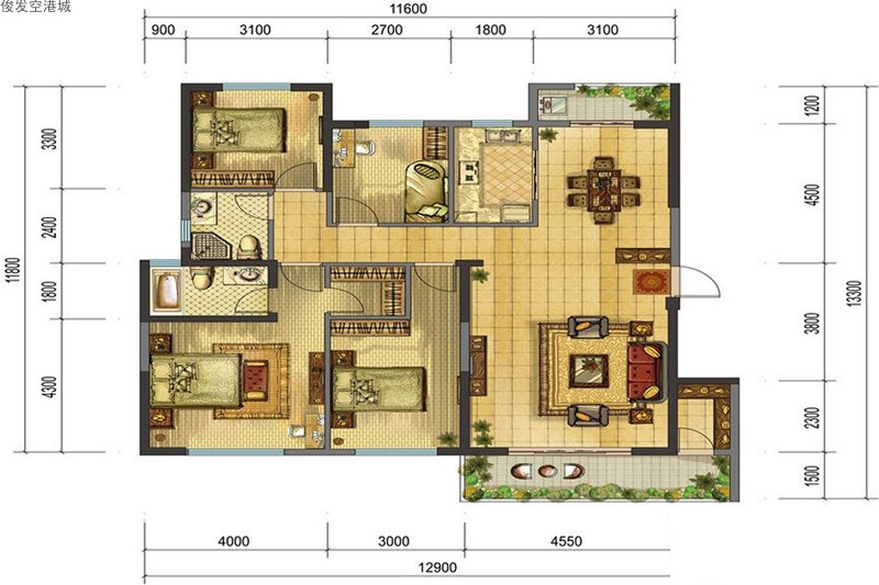 俊發(fā)空港城俊發(fā)空港城B戶型4室2廳2衛(wèi)0廚 建面125.00㎡