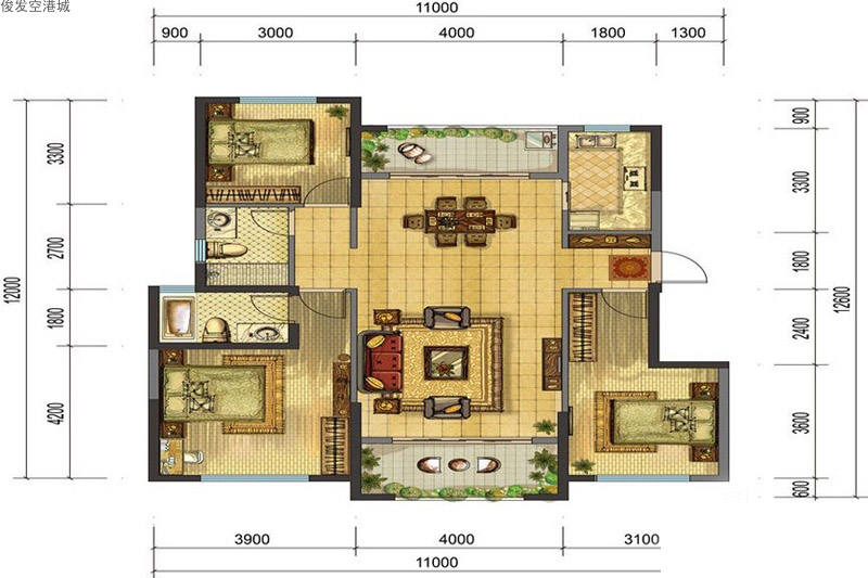 俊發(fā)空港城俊發(fā)空港城C戶型3室2廳2衛(wèi)0廚 建面99.00㎡