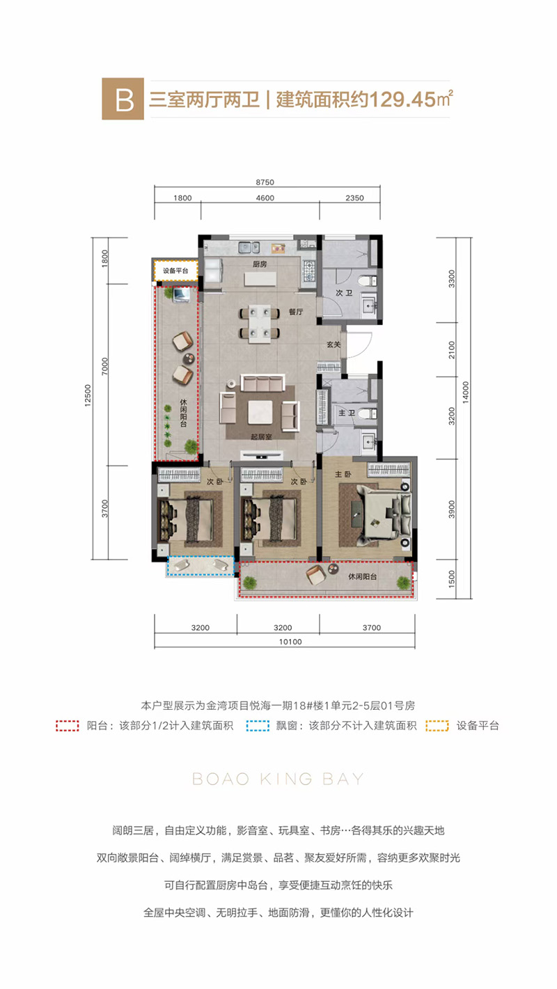 融創(chuàng)金成博鰲金灣B戶型三室兩廳兩衛(wèi) 129.45㎡