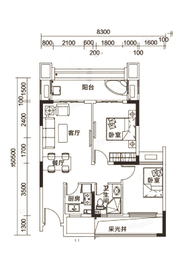 群升棋子灣B戶型 2室2廳1衛(wèi)1廚 78㎡